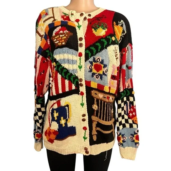 The Eagle’s Eye Colorful Patchwork Vintage 90s Hand Knit Cardigan - Picture 4 of 11